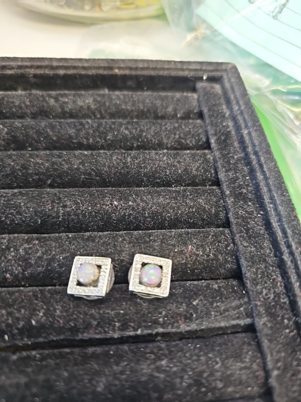 Earrings Pierced Studs With Earring Jacket Opals Silver Rhinestones Clear...
